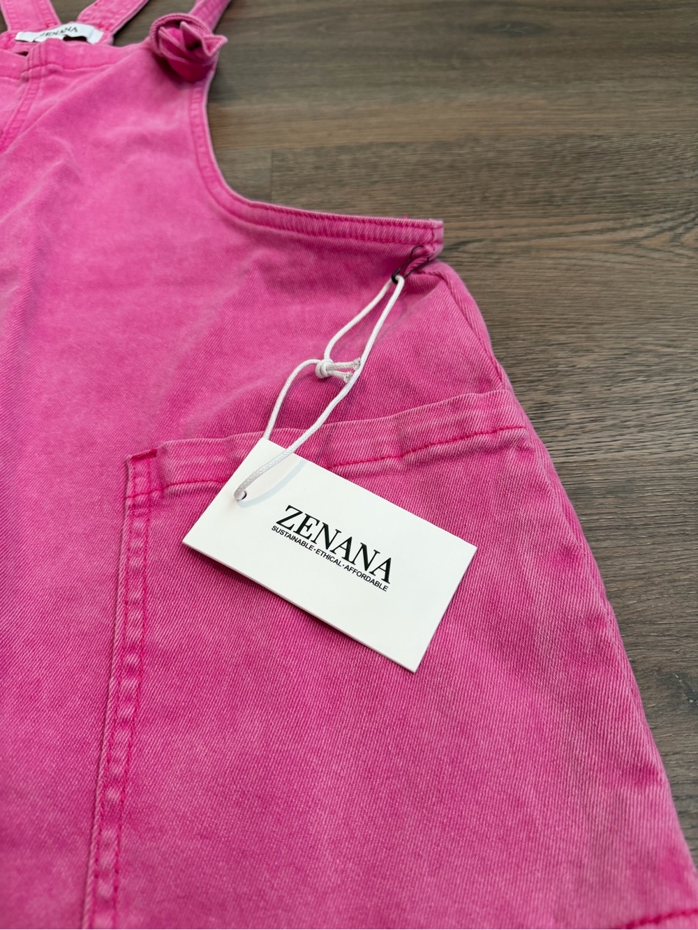 NWT Zenana Hot Pink Denim Overall Shorts Mineral Wash Knotted Straps Size Large - Picture 5 of 10